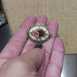 Vintage Denmark Sterling Silver Rose Pink & Purple 1” Brooch Signed